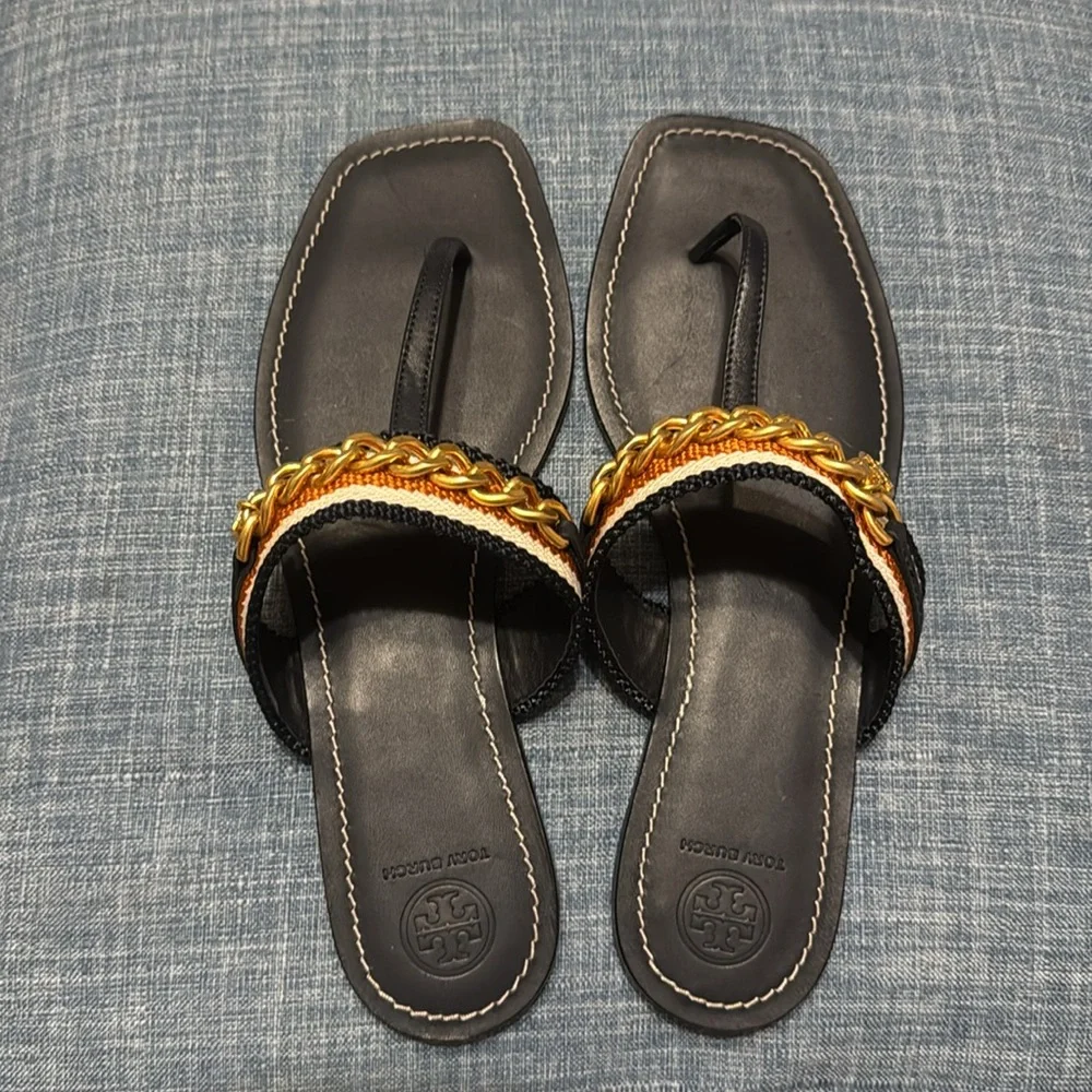 Tory Burch Mini Benton Chain Band Sandal Navy/Tan, US 9.5